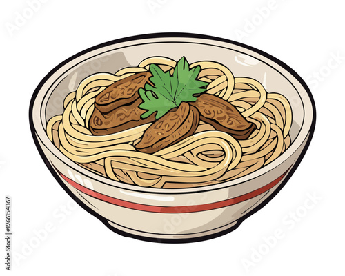 Savory beef noodle soup with clear broth and fresh green herbs served in a white ceramic bowl - Vector Illustration