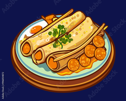 Crispy fried crepe rolls filled with savory meat and served with spicy sauce on a blue plate - Vector Illustration