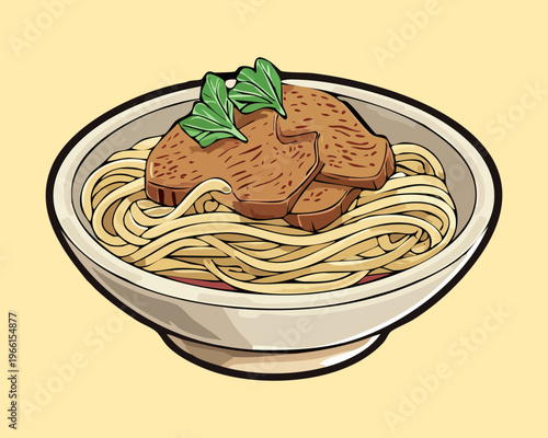 Savory beef noodles with clear broth and fresh green vegetable garnish served in a white ceramic bowl - Vector Illustration