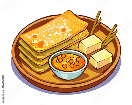 Crispy fried savory pancakes filled with spicy meat served with white tofu on a yellow plate - Vector Illustration