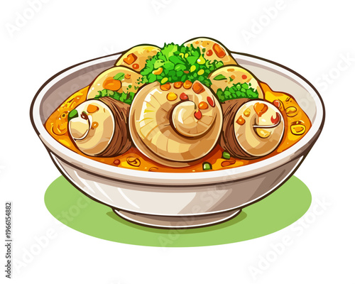 Spicy meatball soup with orange broth and white noodles served in a large white ceramic bowl - Vector Illustration