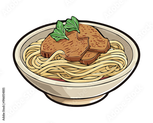 Traditional chicken noodle soup with clear broth and fresh green vegetables served in a white bowl - Vector Illustration