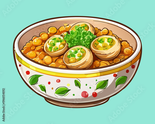 Savory meatball soup with clear broth and green vegetables served in a colorful decorated white bowl - Vector Illustration