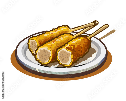 Deep fried meat skewers with crispy breadcrumbs coating served on a white ceramic plate - Vector Illustration