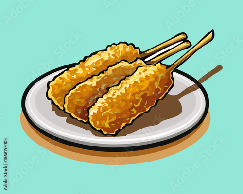 Crispy fried meat skewers served with savory dipping sauce on a white ceramic plate - Vector Illustration