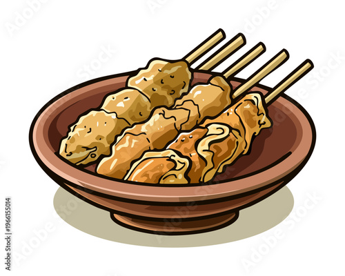 Traditional grilled meat skewers served in a brown ceramic bowl for savory dinner meal - Vector Illustration