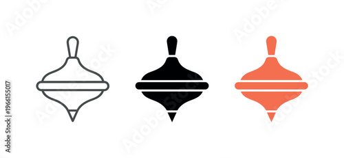 Collection of spinning top icons in outline, solid black, and orange colors