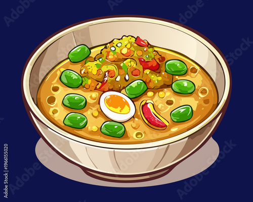 Savory meat and vegetable soup with clear broth and boiled eggs in blue bowl - Vector Illustration