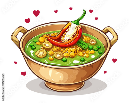 Spicy meat and vegetable stew with orange broth and red chili garnish in bowl - Vector Illustration