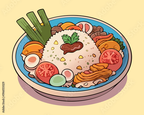 Traditional white rice topped with savory meat and fresh vegetables in a colorful bowl - Vector Illustration