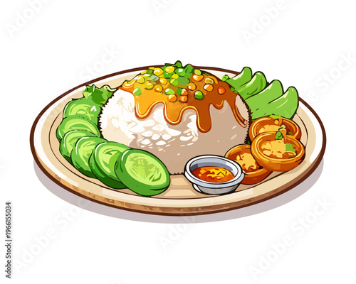 Savory white rice dish topped with meat and vegetables served with spicy dipping sauce - Vector Illustration
