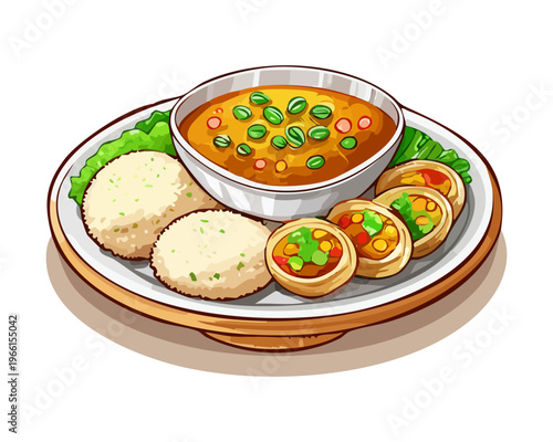Traditional rice dish topped with savory meat and vegetables served in a colorful bowl - Vector Illustration