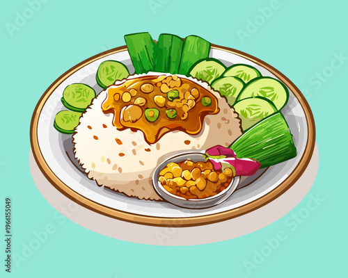 Traditional white rice topped with savory meat and fresh vegetables served on blue plate - Vector Illustration