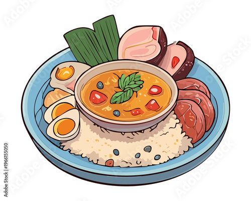Savory meat and vegetable stew with thick broth and boiled eggs in colorful bowl - Vector Illustration