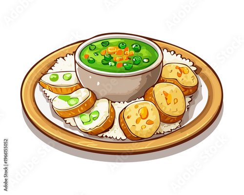 Crispy fried tofu nuggets served with a bowl of savory green pea soup and rice for lunch - Vector Illustration