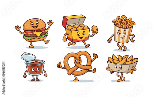 Collection of happy cartoon fast food characters dancing and having fun