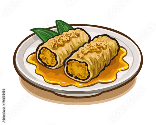 Golden brown fried spring rolls served with savory dipping sauce on a traditional plate for snack time - Vector Illustration