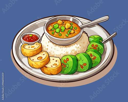 Traditional rice dish topped with savory meat and vegetables served on a blue plate - Vector Illustration