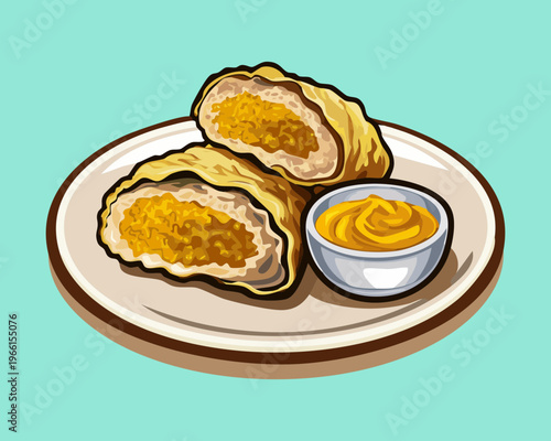 Deep fried breaded rolls filled with savory vegetables served with spicy mustard sauce on a blue plate - Vector Illustration