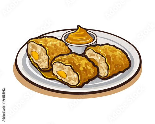 Crispy golden brown nuggets served with spicy yellow dipping sauce on a rustic ceramic plate for snack - Vector Illustration