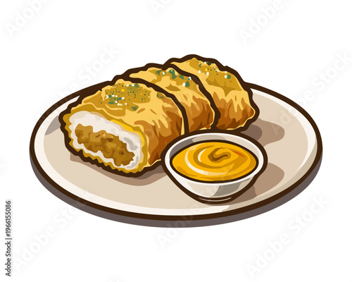 Crispy fried egg rolls served with a bowl of savory orange dipping sauce for a tasty appetizer - Vector Illustration