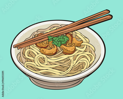 Authentic bowl of ramen noodles served with wooden chopsticks for a warm and comforting traditional dinner - Vector Illustration