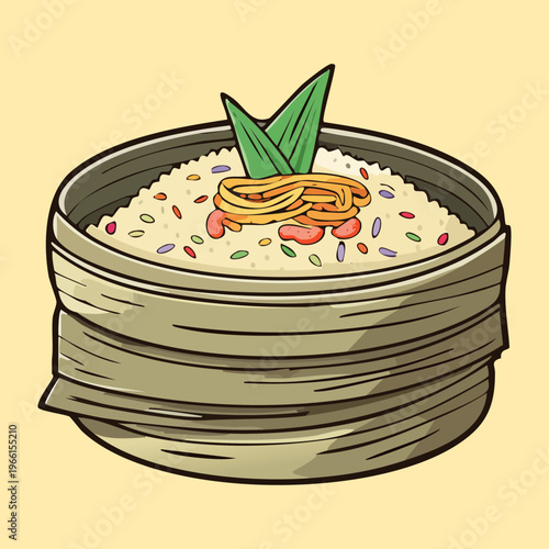 Bowl of traditional steamed rice topped with savory garnish for a simple and healthy meal - Vector Illustration