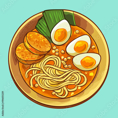Spicy ramen bowl with boiled eggs and fried tofu served for a hearty and delicious dinner - Vector Illustration