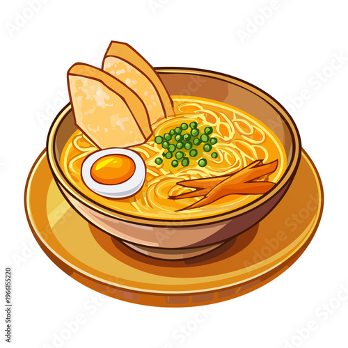 Warm bowl of noodle soup with boiled egg and corn served for a traditional meal - Vector Illustration