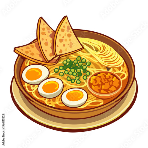 Traditional asian noodle soup with crispy wontons and egg served for a delicious spicy meal - Vector Illustration