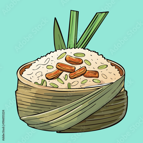 Traditional rice dish topped with meat and nuts wrapped in banana leaves for a healthy meal - Vector Illustration