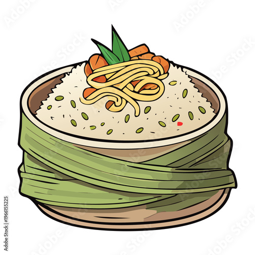 Steamed rice served in a banana leaf bowl with fresh toppings for an authentic asian meal - Vector Illustration