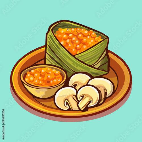 Traditional rice cakes with savory toppings served on a wooden plate for a delicious snack - Vector Illustration