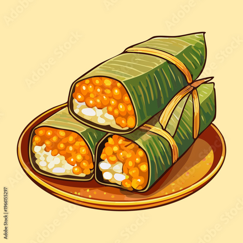 Traditional rice dish wrapped in banana leaves for an authentic southeast asian culinary experience - Vector Illustration