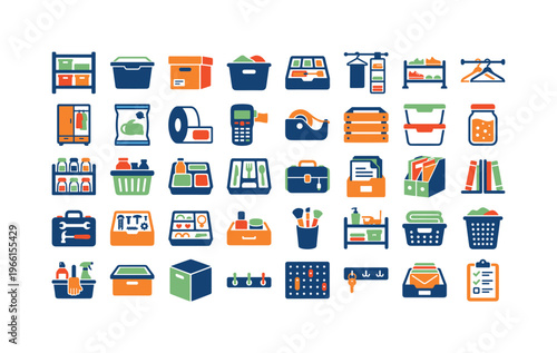 Organized home and office storage solutions icons in a grid layout