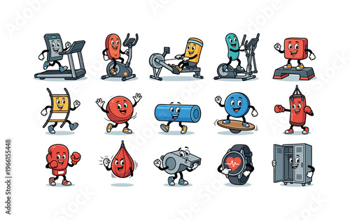Collection of anthropomorphic fitness equipment characters in a playful arrangement