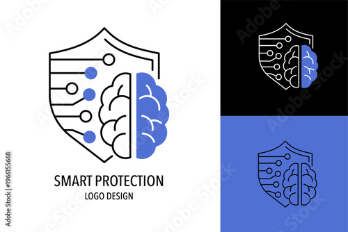 Smart Security Logo Design with Shield and Brain, Intelligent Protection Symbol