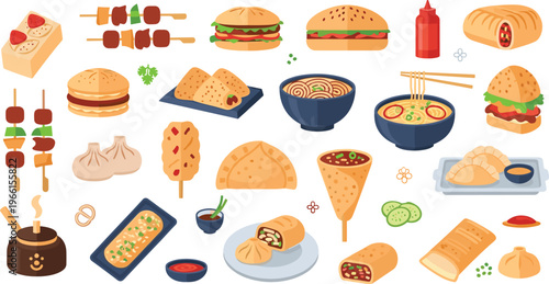 Fast Food and Asian Cuisine Vector Set with Burgers, Sushi, Ramen, Dumplings, Skewers, and Street Food Dishes for Menu and Restaurant Design