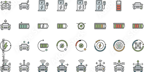 Electric Vehicle Charging and Battery Status Icon Set with Power Levels, Charging Stations, Energy Indicators, and Smart Car Connectivity Symbols for EV Technology