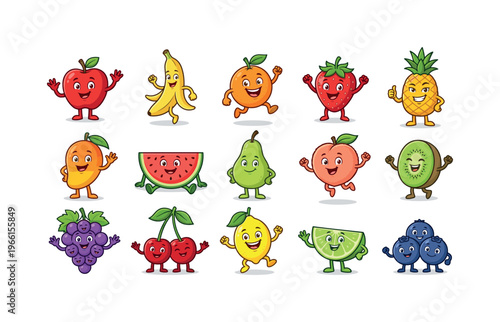 Collection of cheerful cartoon fruits with happy faces and arms raised