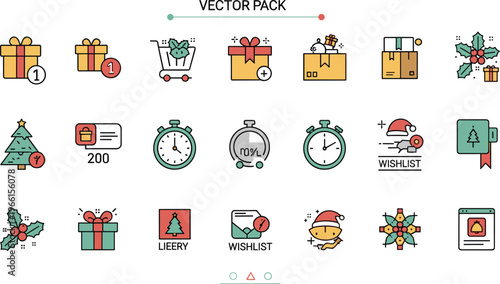 Christmas Shopping and Holiday Sale Icon Set with Gift Boxes, Wishlist, Discounts, Delivery, Rewards, and Festive E Commerce Elements for Seasonal Marketing