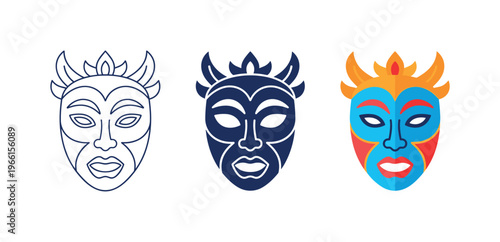 Traditional tribal masks in outline, solid, and colorful flat design styles