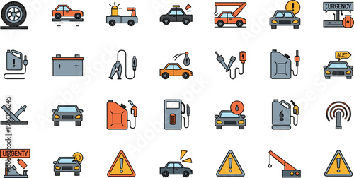Car Service and Automotive Maintenance Icon Set with Fuel, Charging, Repair, Emergency, Dashboard Indicators, and Vehicle Support Symbols for Transport Design