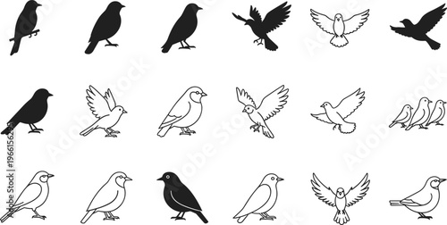 Bird Silhouette and Line Icon Set with Flying, Perching, Dove, Sparrow, and Crow Shapes for Wildlife, Nature, and Minimal Design Projects