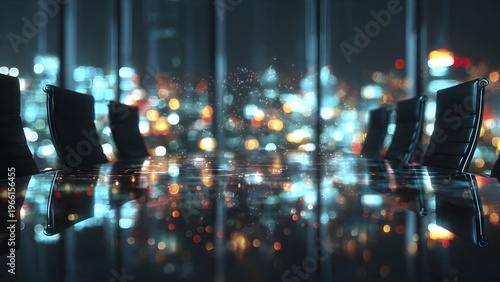 Modern futuristic boardroom interior at night with long glass table and neon lighting, representing smart office technology, corporate innovation, and energy efficient architecture.