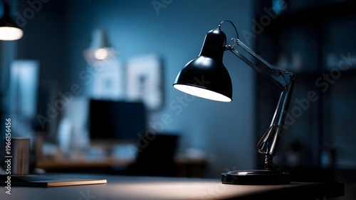 Professional desk lamp illuminating a modern minimalist workspace at night with blue atmospheric lighting, providing a creative and focused environment for productive business or study.