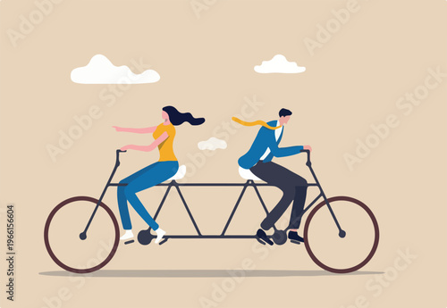 Business conflict, controversy or disagreement causing problem and failure concept, businessman and businesswoman colleagues or working team trying hard riding bicycle in opposite direction