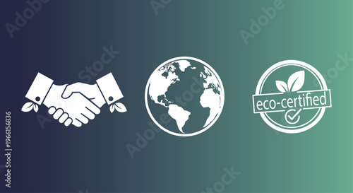 Global eco-friendly business partnership and certification icons