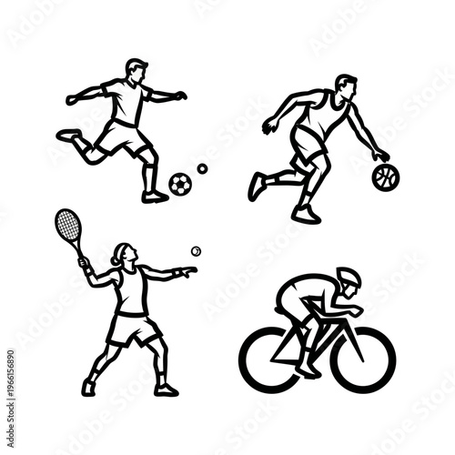 Flat design icons of diverse sports activities including tennis, soccer, cycling, and table tennis