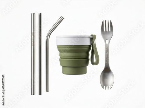 Wallpaper Mural Collapsible silicone cup and reusable metal utensils arranged on white background Torontodigital.ca